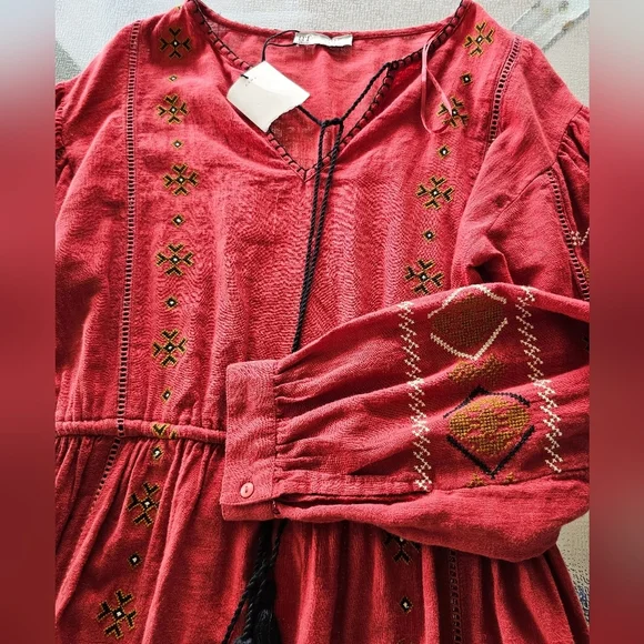 Zara TRF Boho Maxi Dress Red Embroidered Long Sleeve Peasant Ethnic Festival M - Picture 7 of 16